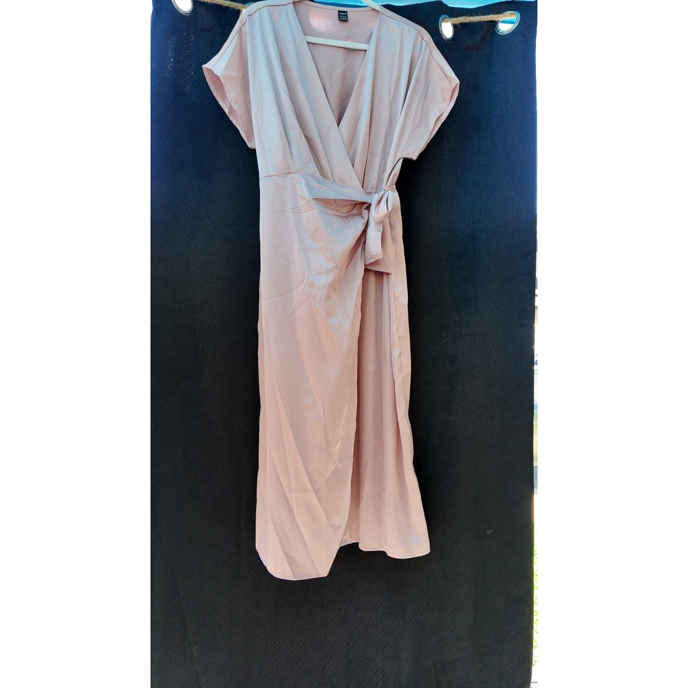 Shein Womens Blush Pink Satin Wrap Midi Dress Short Sleeve V-Neck Side Tie